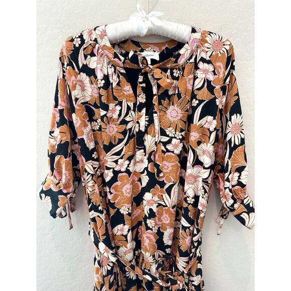 BOHME | Floral Midi Dress Black Pink Brown Boho Tie Neck | Size Medium - Picture 2 of 8